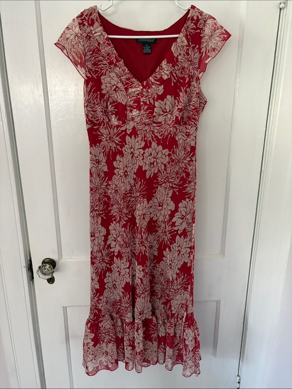 Adrianna Papell Red Floral V-Neck Midi Dress with Ruffle Hem